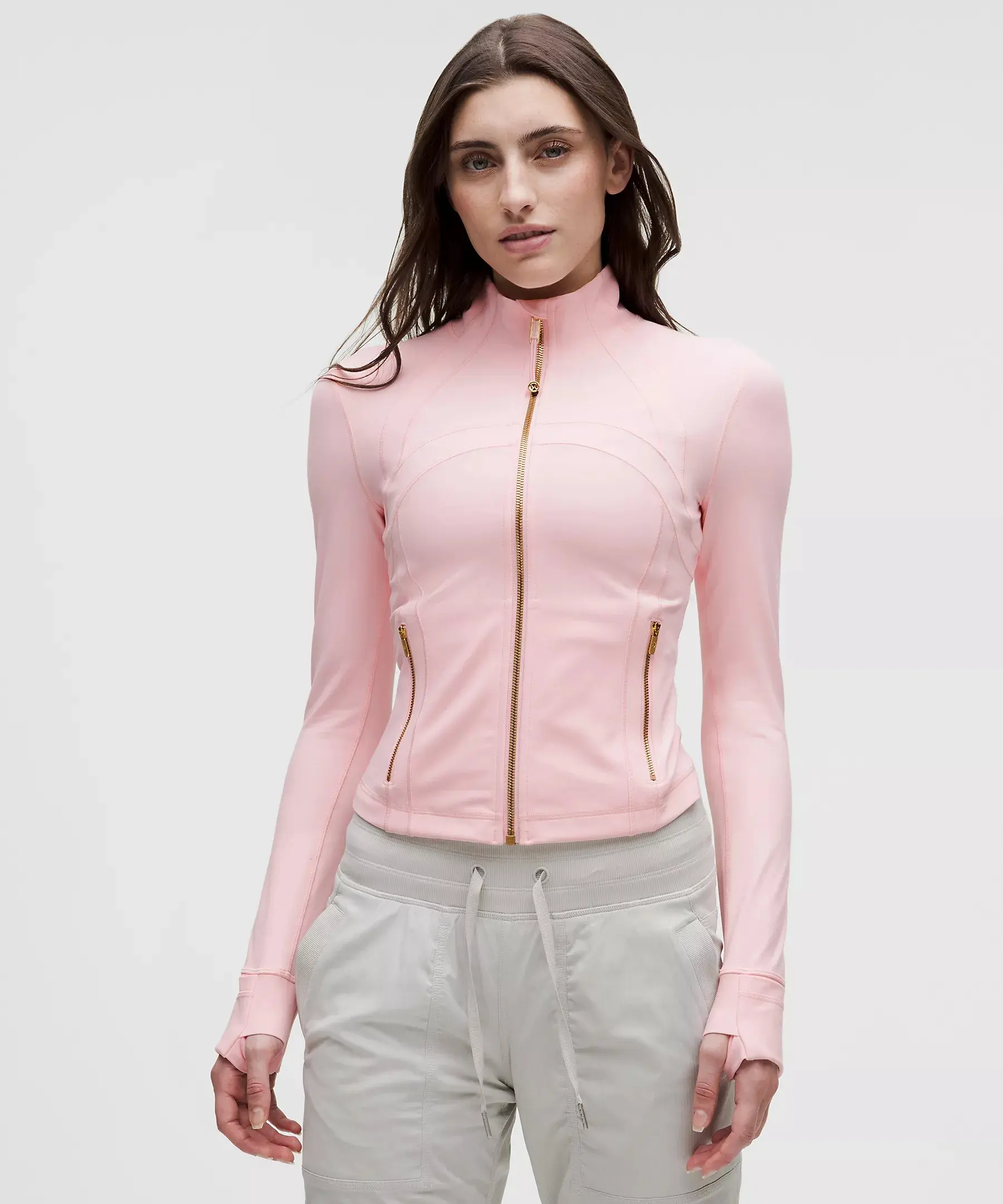 Lululemon Women's Define Cropped Nulu Jacket - Slim Fit, Sweat-Wicking Sporty Chic Layer with Gold Hardware, Blush Quartz, Women Workout Clothes, Casual Athletic Jacket, Fitted, Nulu Fabric, Thumbholes, High Elasticity Jacket