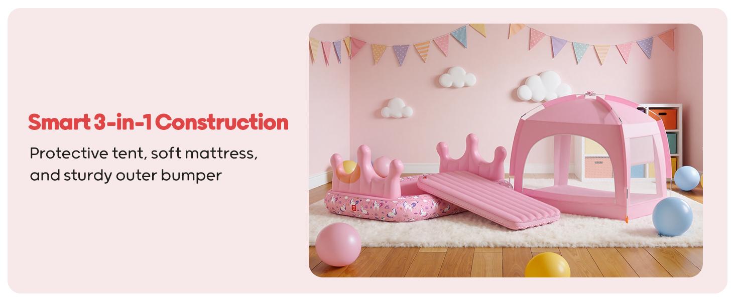 QPAU Princess Inflatable Toddler Bed with Tent, Blow Up Toddler Travel Bed with Sides, Portable Kids Air Mattress for Girls, Ideal for Home, Grandma’s, Camping & Sleepovers – Includes Electric Pump