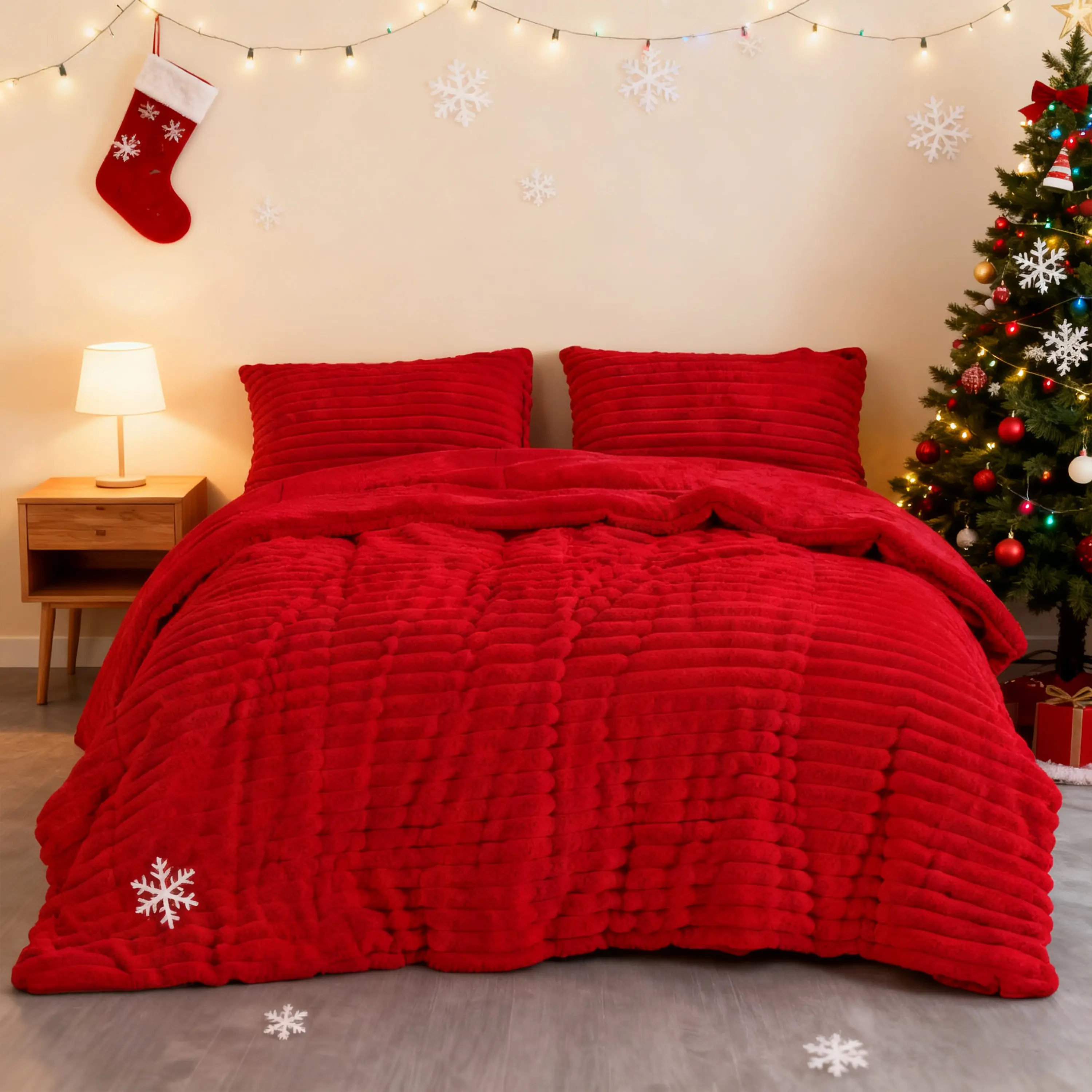 3pc Ribbed Faux Rabbit Fur Fluffy Bedding Set - Extra Thick Sherpa Lined Velvet, Heavyweight Warm Winter Quilt Bedding Set, Queen/King/California Sizes, New Year Holiday Gift for Family, Local Warehouse Stock, Bedding Sets, Comforter