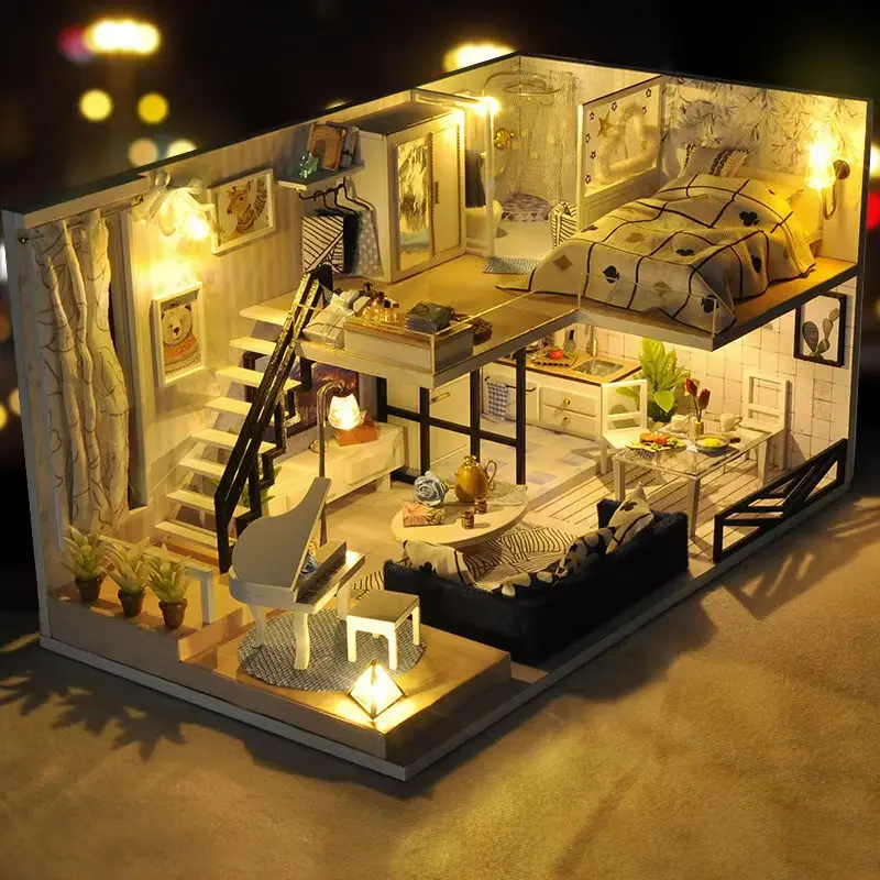 Modern Chic Loft DIY Dollhouse Kit ️| 2-Story Miniature Apartment with White Piano | Aesthetic Creative Handcraft Gift