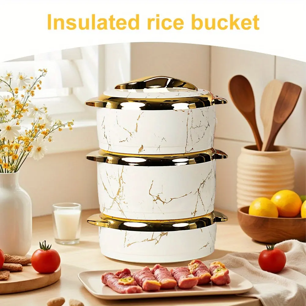 3-Piece Luxury Thermal Casserole Bakeware Set with Lids - Stainless Steel 2.6 Qt/2.1 Qt/1.5L (1.6 Qt) Plastic ABS Food Warmer, Leakproof Insulated Serving Bowls, Hot/Cold Retention, Marble White for Buffets, Potlucks, Casserole Baking Dish