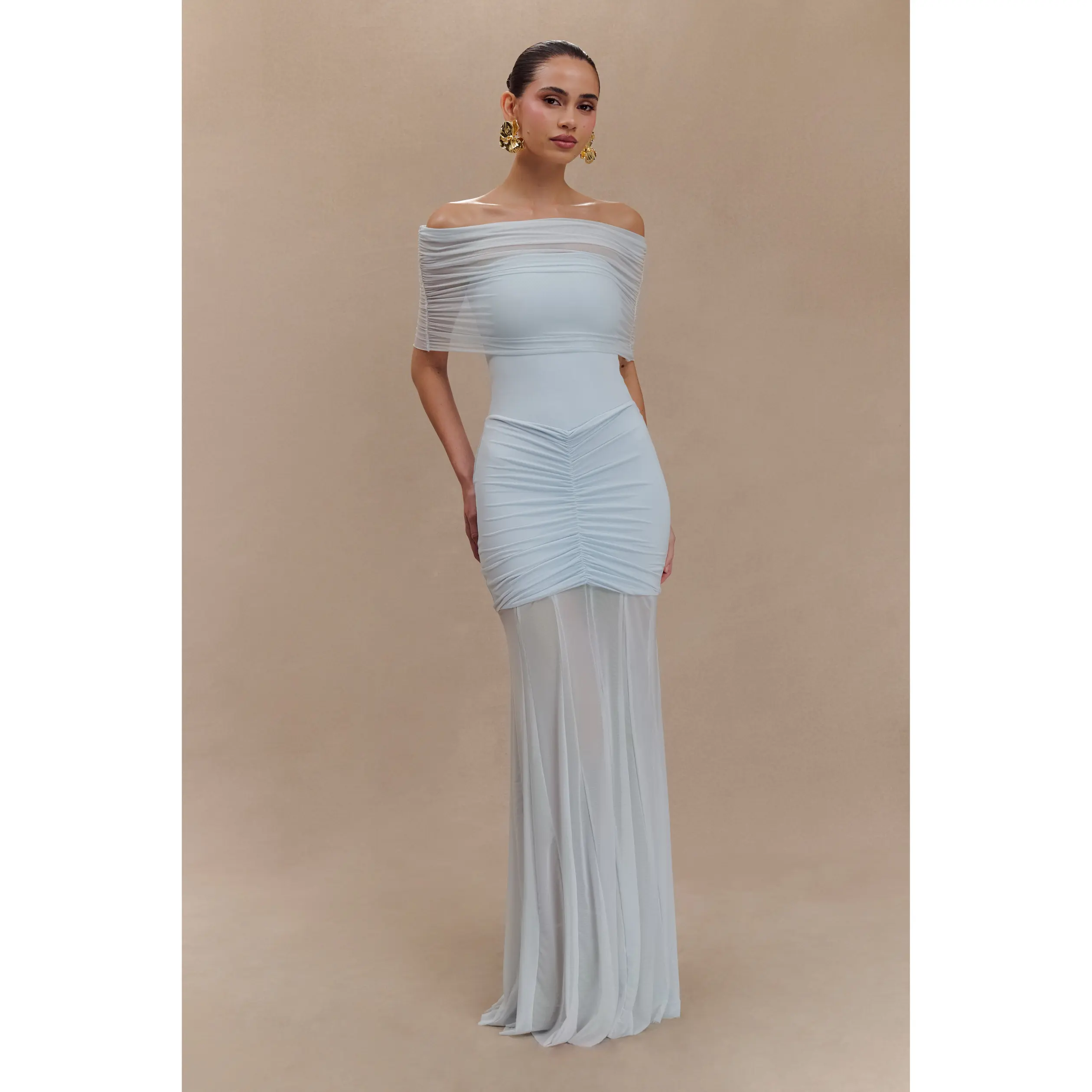 Caspian Slinky And Mesh Off Shoulder Maxi Dress - Pale Blue