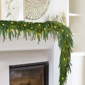 2PCS 9FT Norfolk Pine Garland with 100 Lights, 120 Pine Branches, Realistic Christmas Garland Holiday Greenery Artificial Cedar Garland for Stairs Mantel Table Wall Christmas Decorations