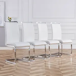 Modern Dining Chairs PU Faux Leather High Back Upholstered Side Chair with C-shaped Tube Chrome Metal Legs for Dining Room Kitchen Vanity Patio Club Guest Office Chair Set of 4