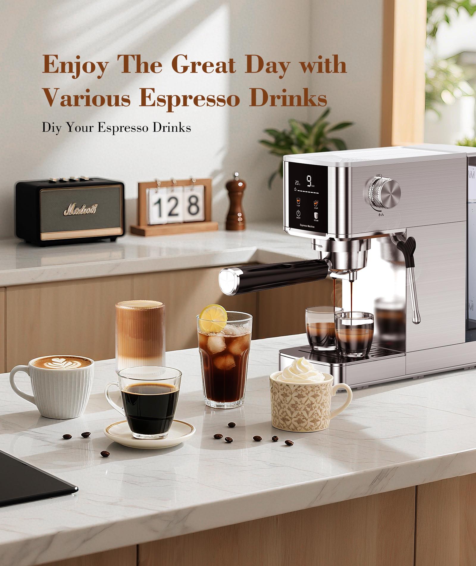 COWSAR 20 Bar High Pressure Stainless Steel Drip Coffee Maker with Touch Control Panel 1.2L Removable Transparent Water Tank for Residential Use