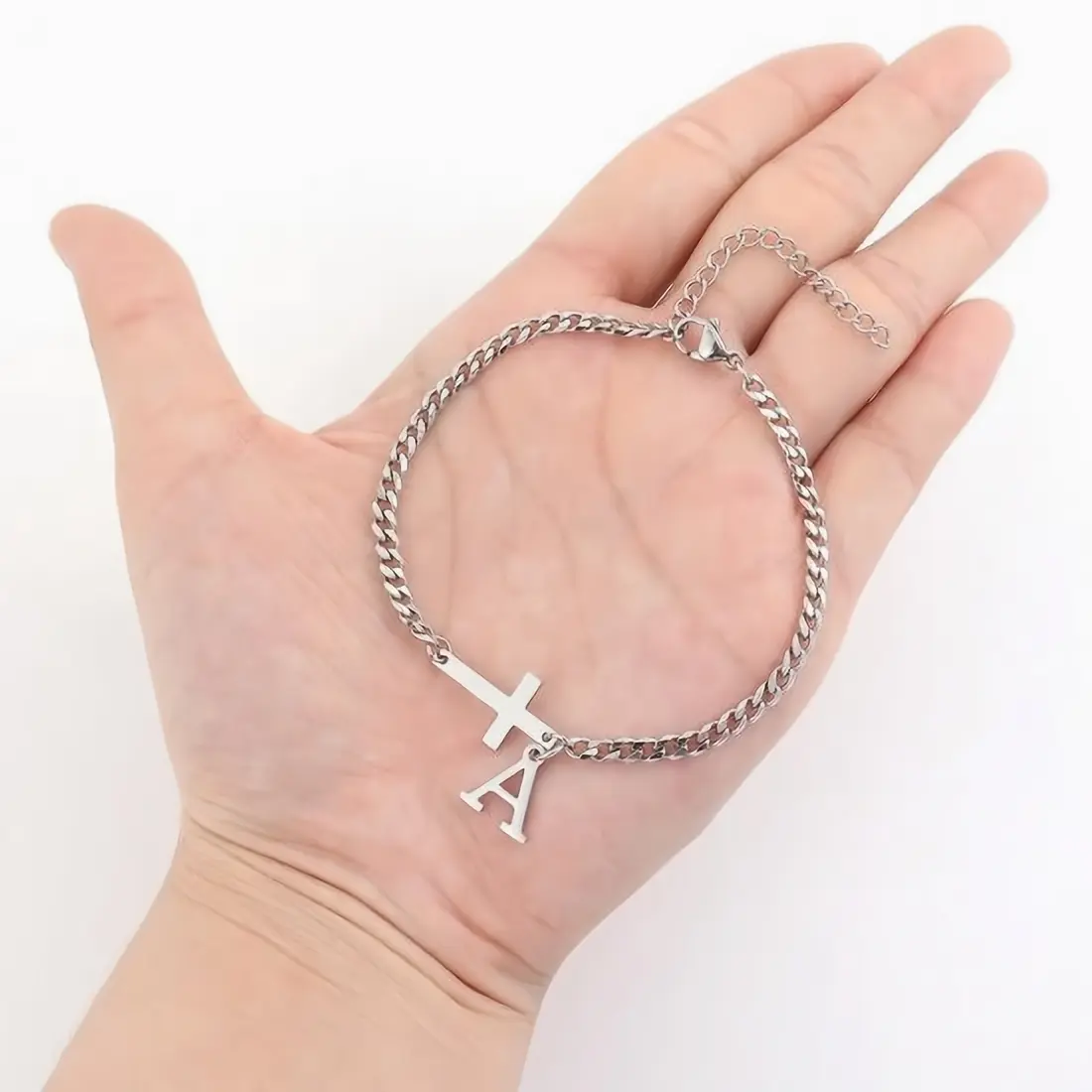 Stainless-Steel Solid Cuban Chain Bracelet, Unisex 5mm Letter Link Bracelet, Friendship Token Gifts for Him, Cuban Chain Bracelets & Bangles