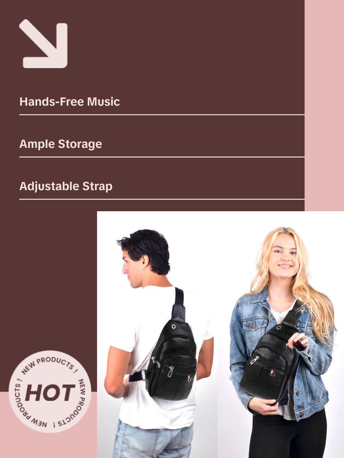 Versatile Vegan Leather Crossbody Sling Bag with Earphone Hole - Hands-Free Music