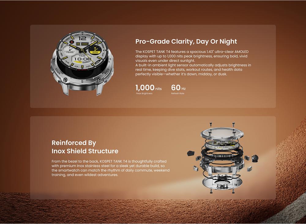 KOSPET TANK T4 Smartwatch with 14-Day Battery Life 1.43AMOLED Display 50M Waterproof Full-Metal Body AI Assistant for Android iOS Fitness Tracker Running Watch GPS Waterproof Smartwatch Wearable Monitor Auto, Durable Stainless Steel, New Year Pick