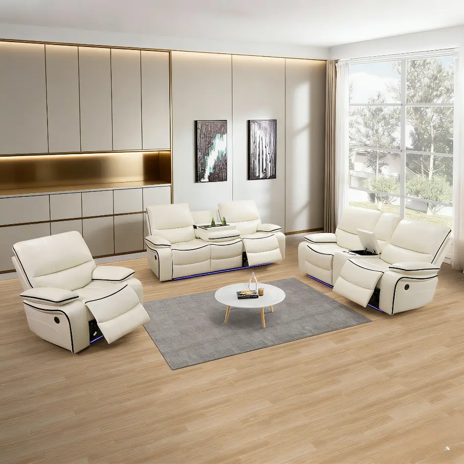 Sohochic 3-Piece Contemporary Upholstered Intelligent Recliner Sofa Set, Light Cream Sleek Bonded Leather Comfy Couch, Cozy Reclining Indoor Conversation Furniture