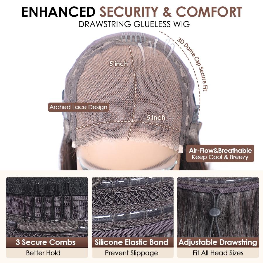 Pizazz Hair Glueless Layered Cut Yaki Straight Short Bob Wig with Drawstring 220% Density Pre-cut 5x5 HD Lace Human Hair Wigs with Bleached Knots Pre Plucked Natural Hairline