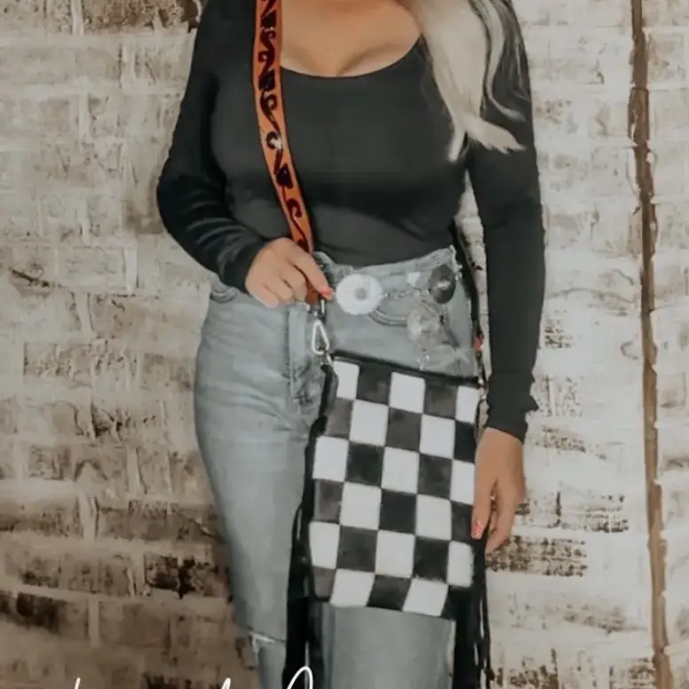 checkered cowhide purse