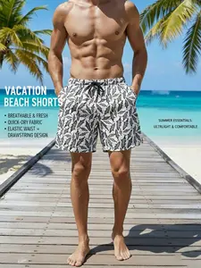 Mens Hawaiian Print Swim Shorts With Elastic Waistband And Drawstring, Relaxed Fit, Quick-Dry Fabric, Ideal For Surfing, Beach, Swimming, Christmas Gift, Local Warehouse Shipping, Vacation Summer Holiday Wear Available.