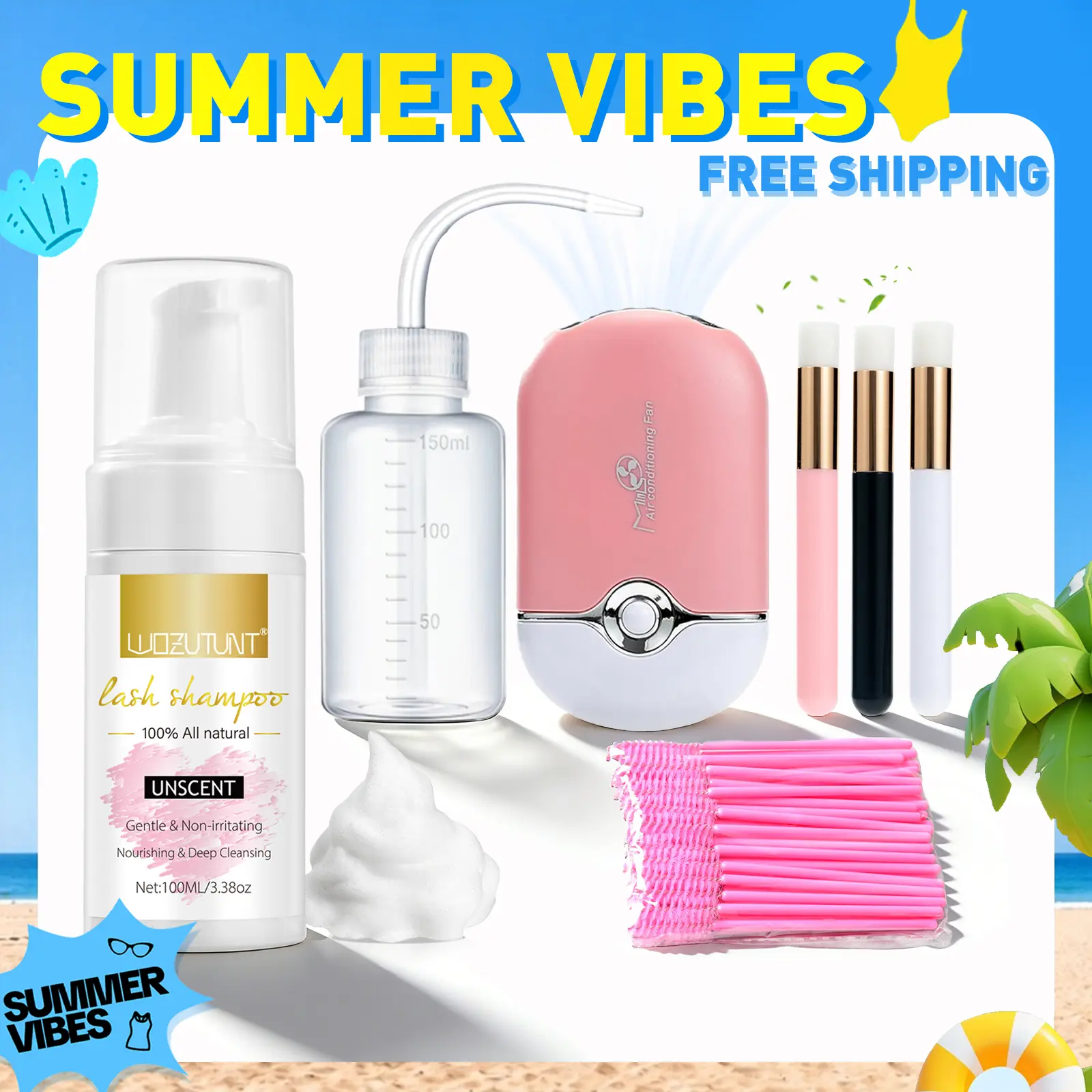 【SUMMER VIBES】3.38oz Lash Shampoo Kit for Eyelash Extensions & Gentle Mousse Cleanser & Mini Pink Handheld Fan - Easy for Beginners & Makeup Care