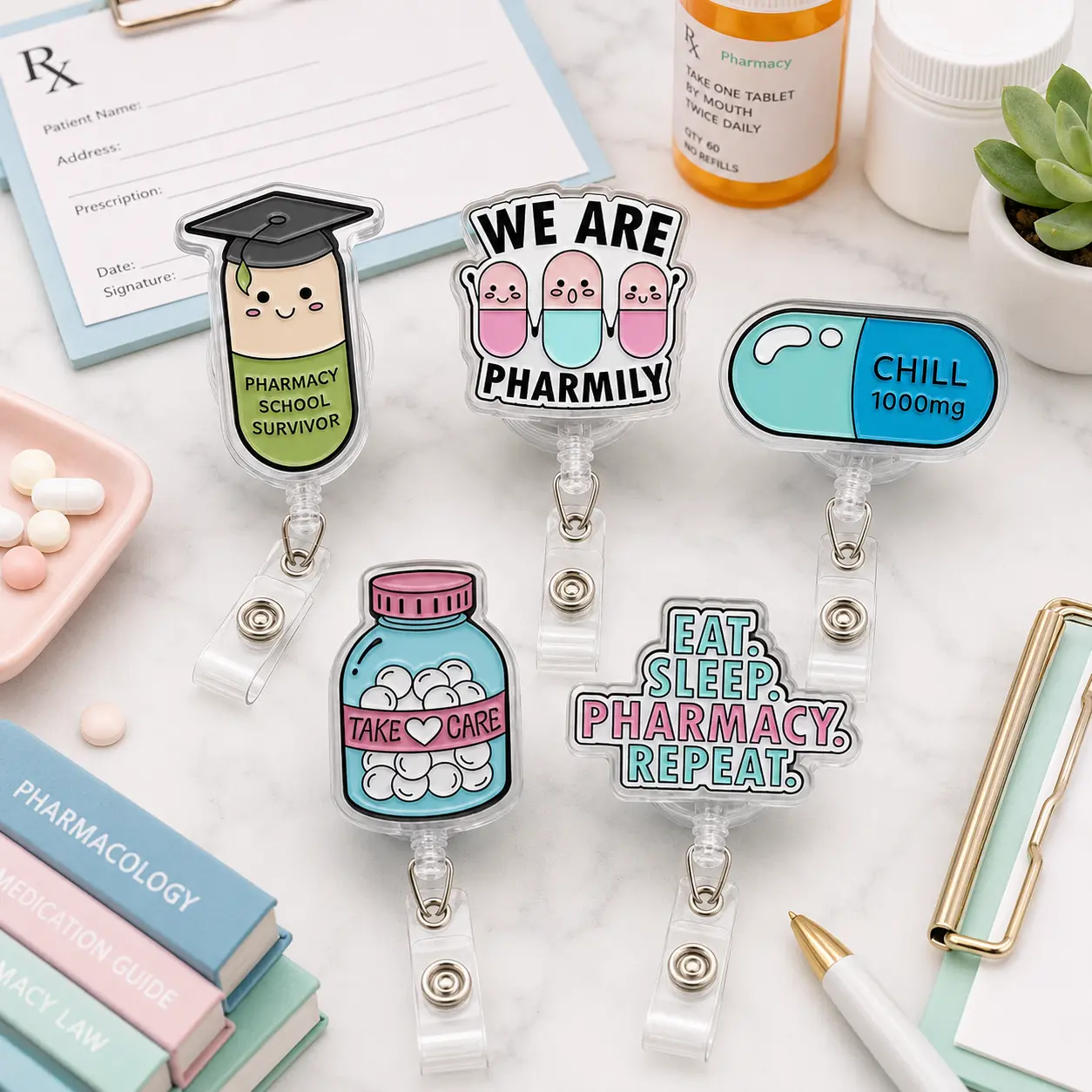 Funny Pharmacy Acrylic Badge Reel Retractable Pill ID Card Holder Name Tag Clip For Pharmacist Nurse Doctor Gift