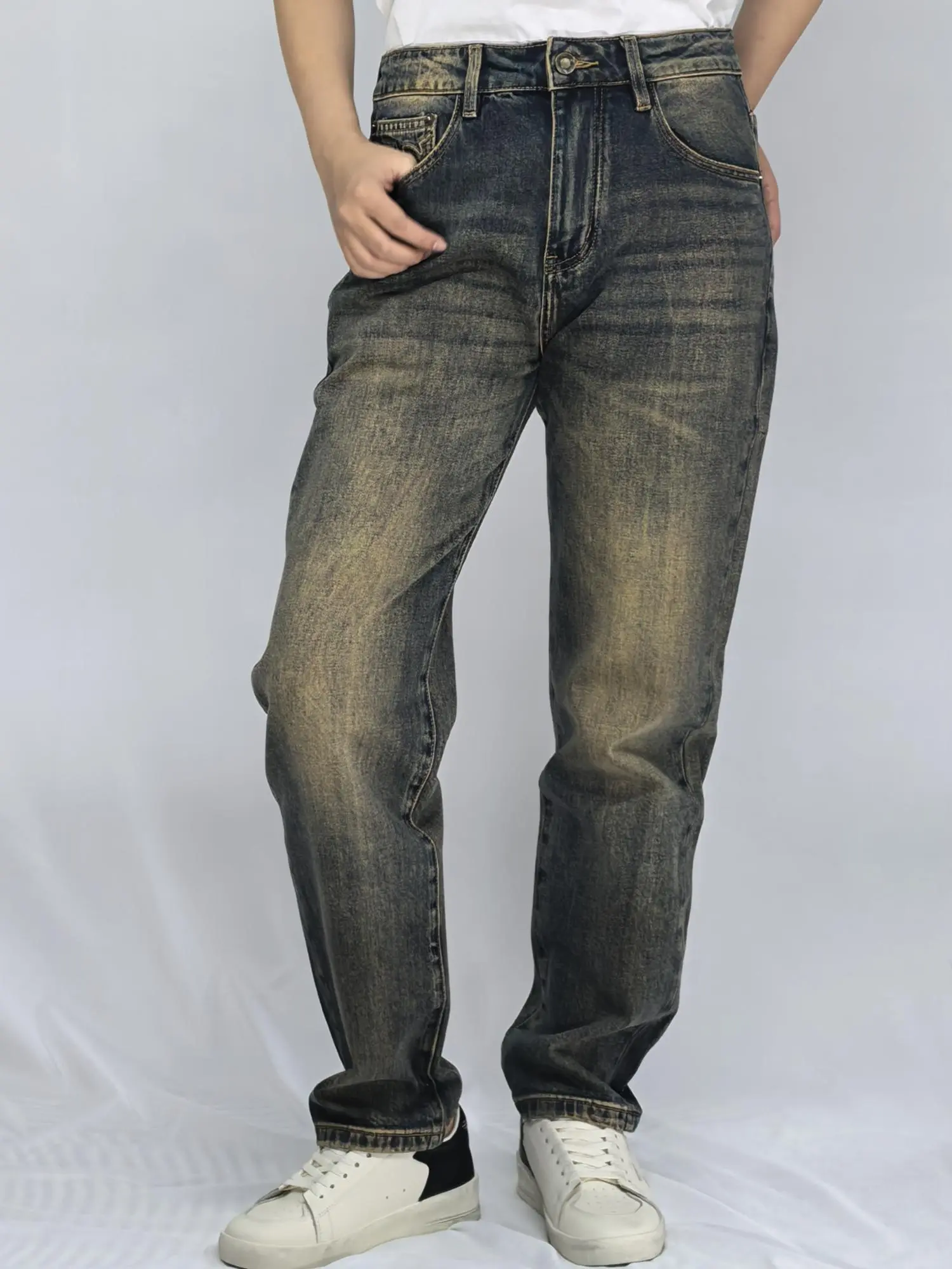 Lux Lee Women's High-Waist Full-Length Straight Jeans - Vintage Deep Wash, Distressed Look, Embroidered Pockets, Zip Closure, Cotton Bottoms, All-Seasons Vintage Street Casual Clothing