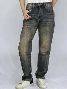 Lux Lee Vintage Deep Wash Women's Loose Straight Jeans | High Waist, Distressed Look, Embroidered Back Pockets for Casual Street Style