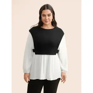 【Summer Turn-Up】【Essential】BlOOMCHIC Plus Size Round Neck Patchwork Contrast Gathered Blouse [M-6X] 2026 Summer Pick for Mother's Day