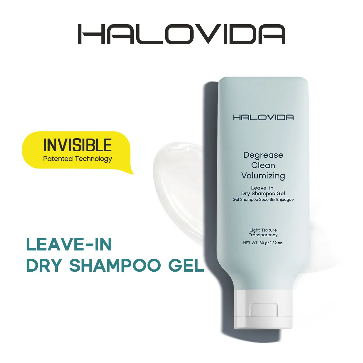 HALOVIDA Advanced Clean Dry Shampoo Gel, Instant Oil Absorption & Volume with Hyaluronic Acid, No White Residue, For All Hair Types, 2.28oz, Haircare, Scalp Care, Voluminous Hair, Cruelty Free