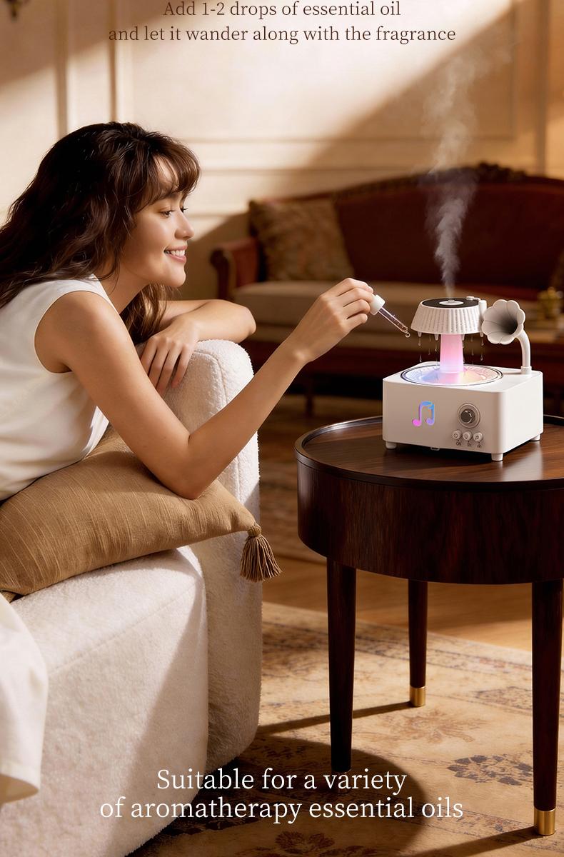 Phonograph-style aroma diffuser and humidifier with white noise and Bluetooth music, includes essential oils, features multiple natural sounds, automatic shut-off when water runs out, and ultrasonic raindrop rotation. A high-end white aroma diffuser gift.