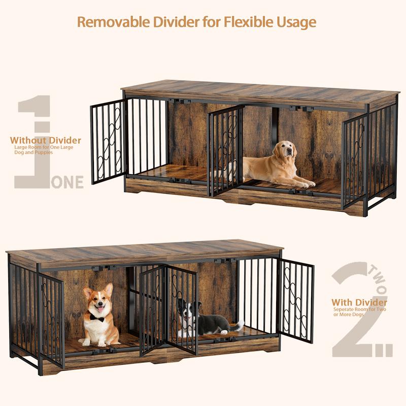 71 Inch Double Dog Crate Furniture Large Breed for 2 Dogs, Decorative Wooden Dog Crates Indoor Dog Kennel TV Stand for Medium Dogs, Dog Cage Furniture Heavy Duty Pet House with Divider, Brown