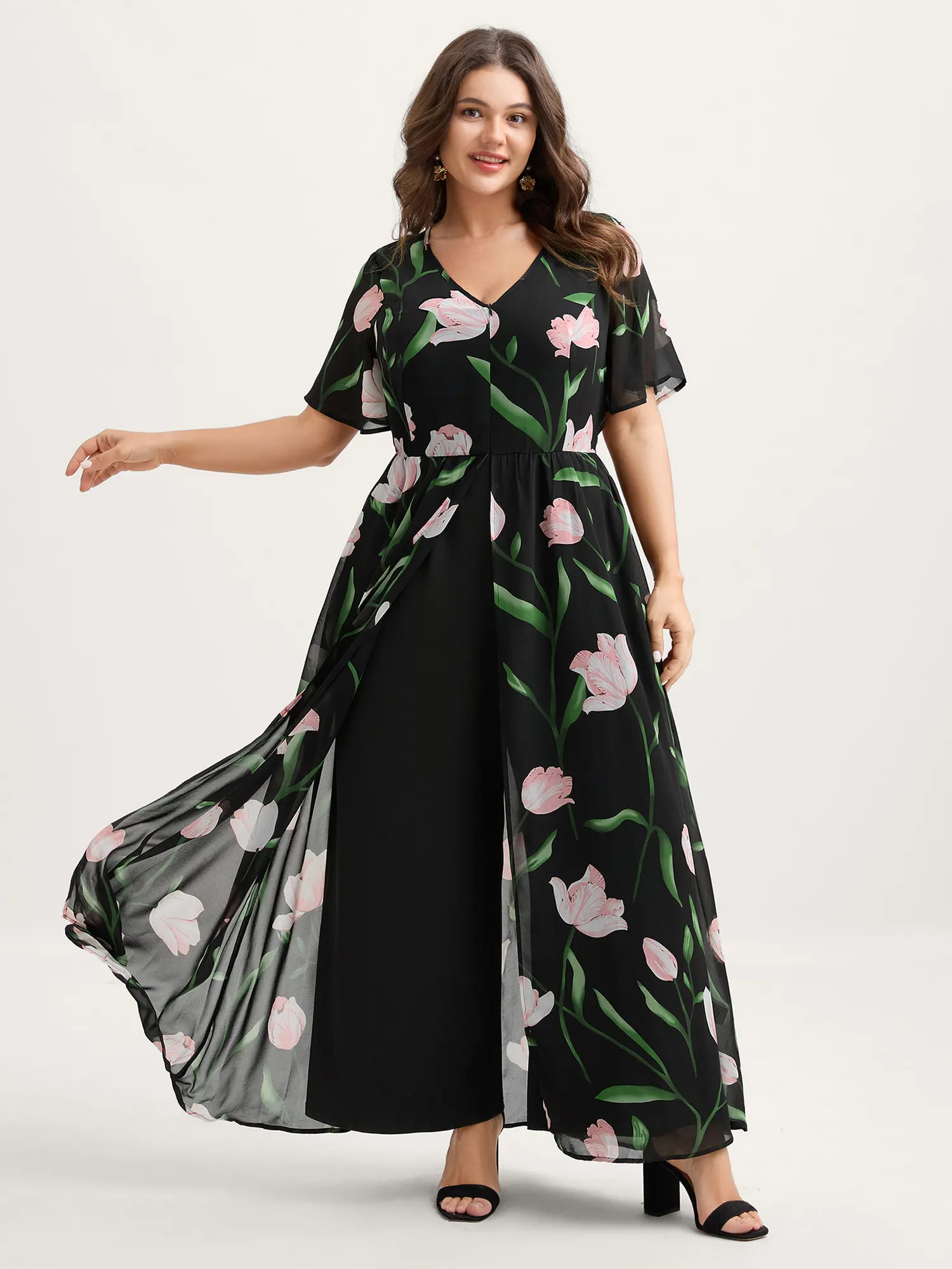 BloomChic Plus Size Boho Floral Jumpsuit, Tie-Front V-Neck Wide Leg Polyester Blend Summer Outfit for a Curvy Fit with Pockets, Plussize, Boho Clothes For Women