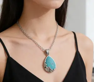 Boho Turquoise Pendant Necklace | Vintage Silver Design | Viral TikTok Summer Accessory,summervibes Teardrop Chain Floral