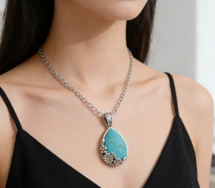 Boho Turquoise Pendant Necklace | Vintage Silver Design | Viral TikTok Summer Accessory,summervibes Teardrop Chain Floral Necklacke