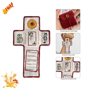 Handmade Catholic Pocket Shrine with Silver Cross, Christian Prayer Quilt Fabric, Spiritual Encouragement Gifts for Church Friends Family, DIY Bag Accessory