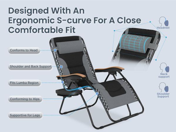 PHI VILLA  Oversized Padded Zero Gravity Chair, 26''/28''/30" Wide Foldable Patio Recliner, Anti Gravity Lounger with Cup Holder, 400 LBS Weight Capacity