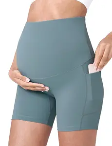 POSHDIVAH Women's Maternity Yoga Shorts Over The Belly Bump Summer Workout Running Active Short Pants with Pockets 5" maternity solid summer clothes cute outfits