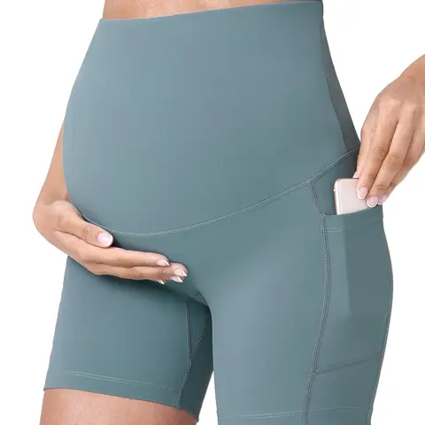 POSHDIVAH Women's Stretchy High-Waist Over-The-Abdomen Maternity Biker Shorts, 5-in Active Athleisure Shorts with Pockets, Pregnancy Clothes for Summer Yoga, Running