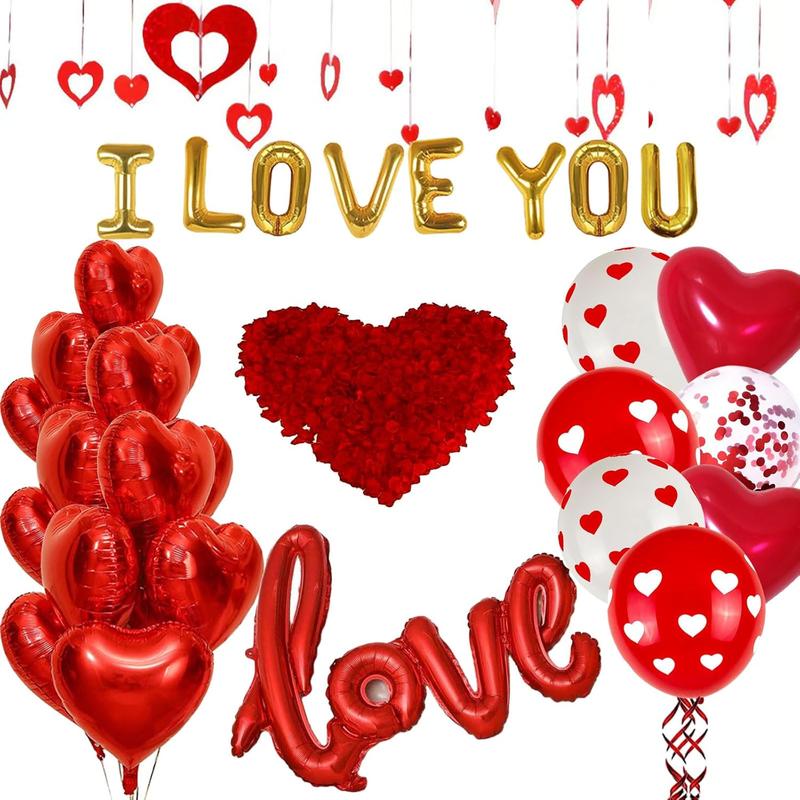 Valentine’s Day Balloons Set with Silk Rose Petals – I Love You Heart Balloons, Romantic Party Decor & Valentine Decorations Supplies