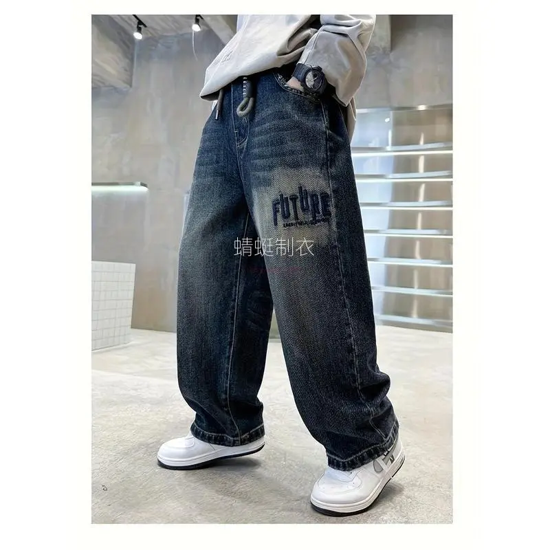 Teen Boys' Loose-Fitting Cotton Jeans, Casual Full Length Washed Denim with Alphabet Embroidery for Going Out, Mid Waist, Elastic Waist, Polyester, Regular, 13Y, Cotton Fabric Jeans, Denim Embroidered Jeans