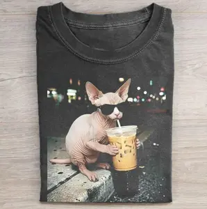 Funny Sphynx Cat Drinking Iced Coffee T-shirt