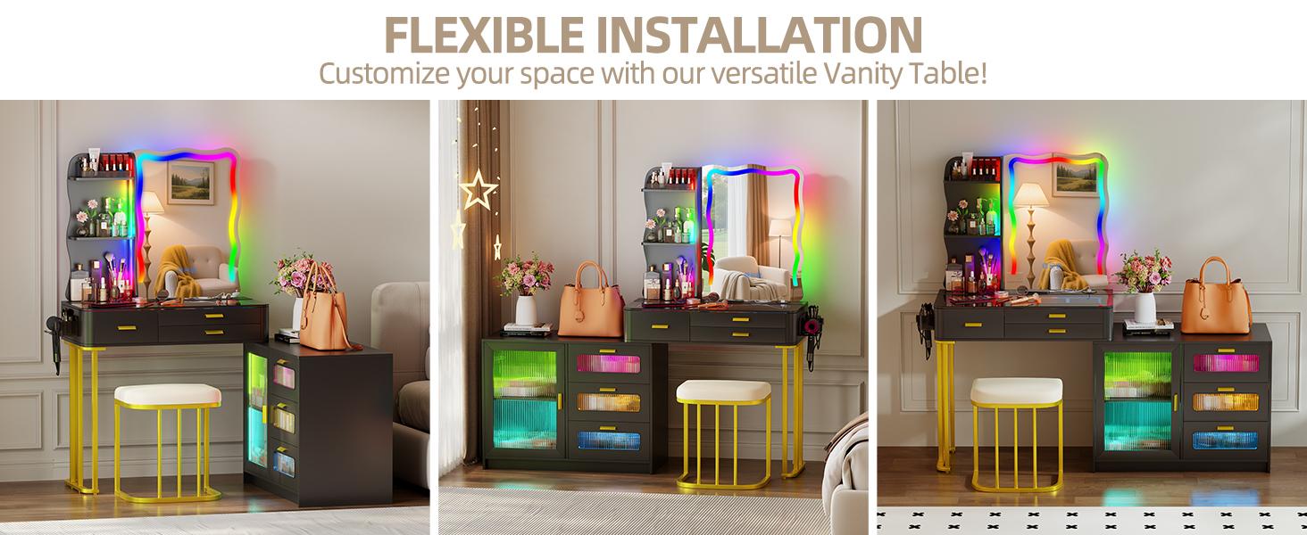 Miu Vanity Makeup Set with Irregular  Mirror Lights, Dressing Table with 6 Drawers, Adjustable Lighting, Charging Station, Vanity Makeup Table