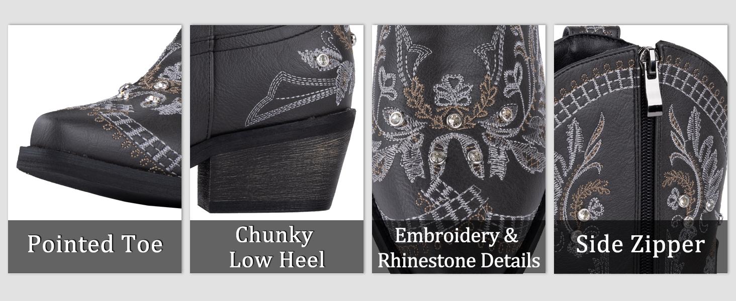 Rhinestone Ankle Cowboy Boots for Women Embroidered Short Cowgirl Boots with Low Heel Side Zipper Comfortable Chunky Heel Western Booties for Prom Party Wedding Pull On Shoe