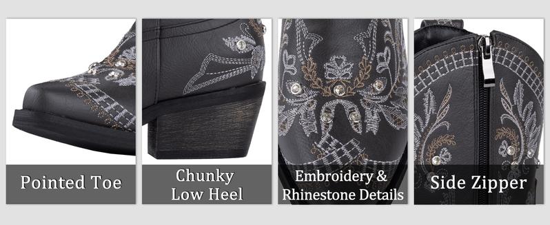 Rhinestone Ankle Cowboy Boots for Women Embroidered Short Cowgirl Boots with Low Heel Side Zipper Comfortable Chunky Heel Western Booties for Prom Party Wedding Pull On Shoe