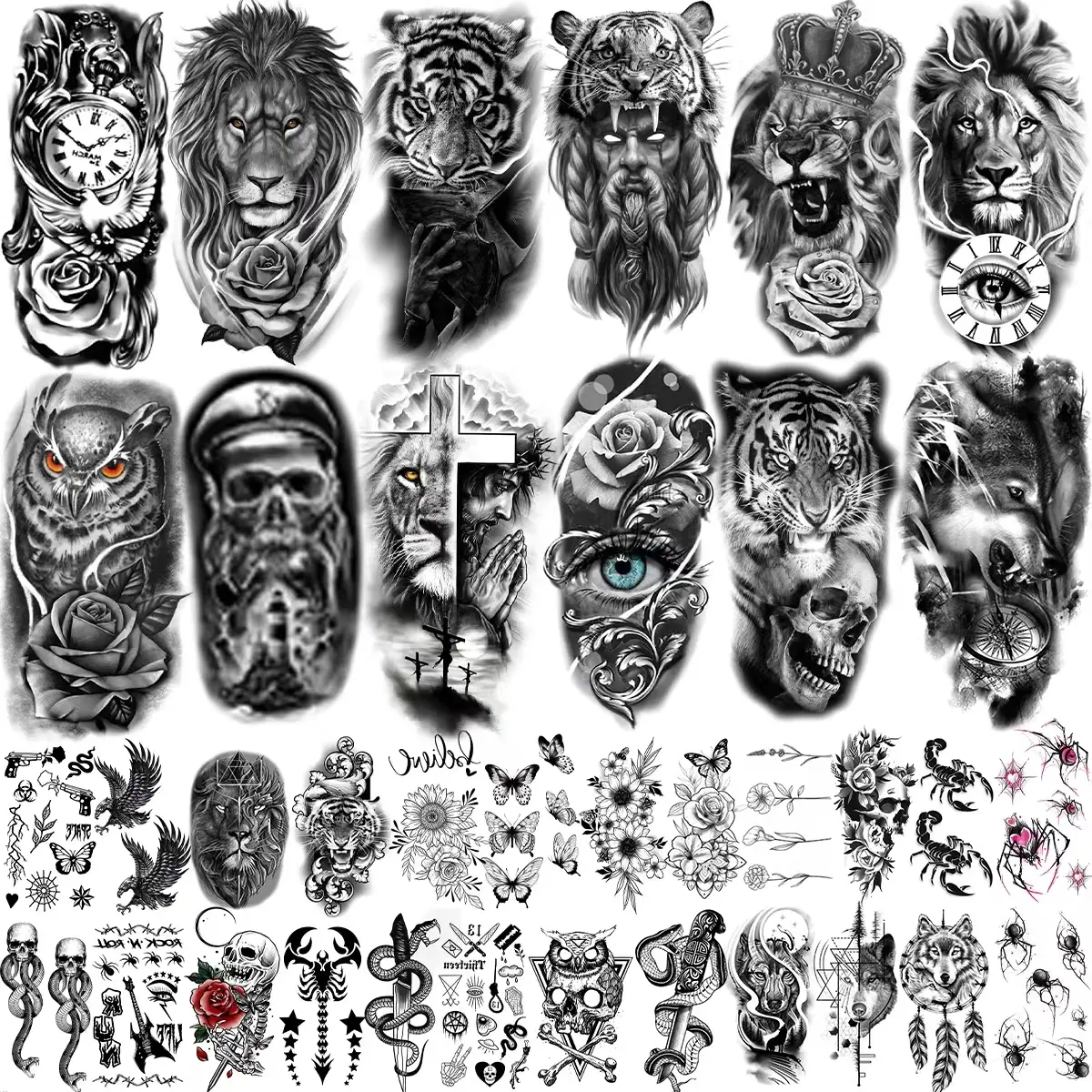 32/34/36 Sheets Black Arm Tattoos for Men Women Half Sleeve Animals Lion Tiger Wolf Death Skull Compass Flower Butterflies Fake Tattoos That Look Real Durable for Teens