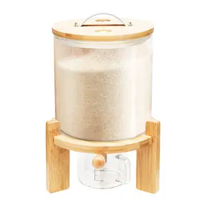 Rice Dispenser, Rice Storage Container, Flour and Cereal Container for Kitchen Organization and Pantry Store, Glass Cereal dispenser with Airtight Lid and Wooden Stand 5L