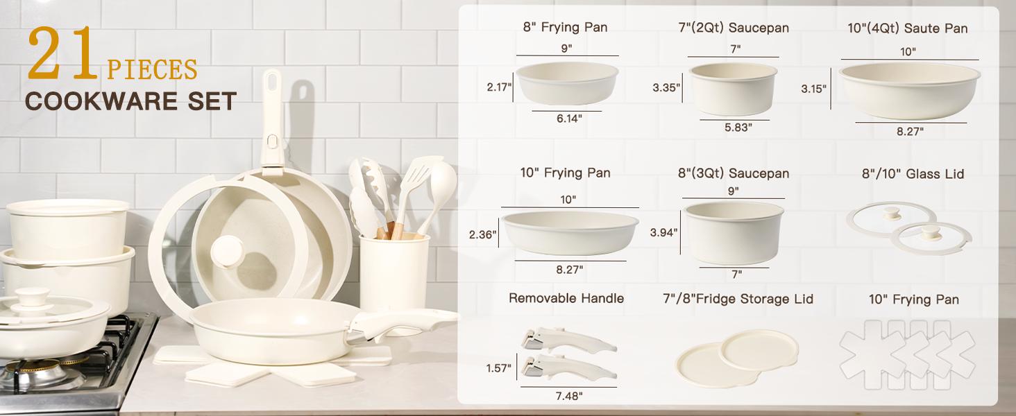 Astercook 20pcs Non-Stick Pots and Pans Set with Detachable Handle, Oven Safe, Stackable, Non-Stick RV Kitchen Cooking Set Modern Aluminum Dishwasher Safe