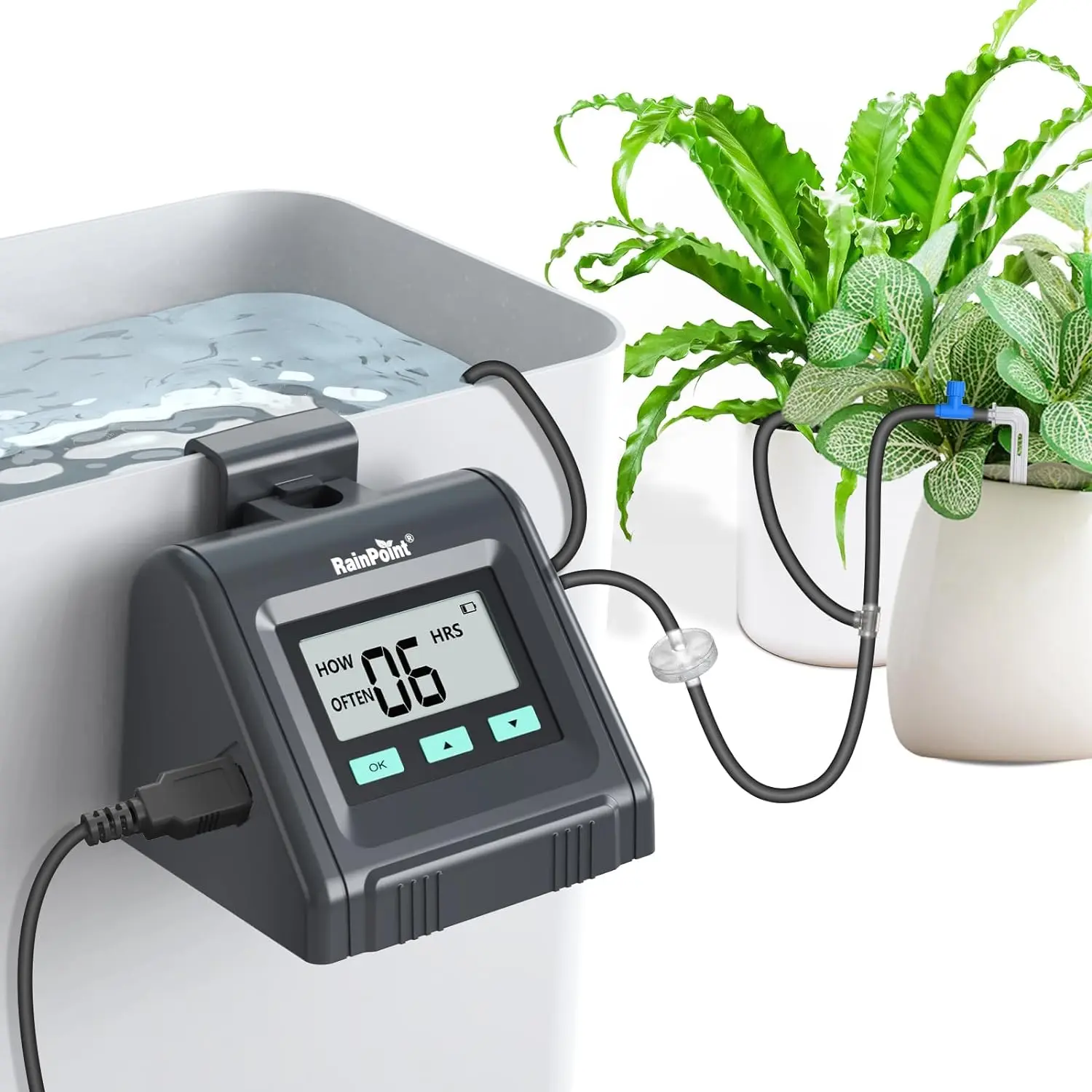 RAINPOINT WiFi Smart Irrigation Watering Equipment - Indoor Drip Kit with Auto Pump Timer, No-Faucet Tap Solution, Clips to Bucket, Tabletop Placement, Customized Plan for Balcony Use, Great for Indoor Plant Care, Home Improvement Garden Supplies