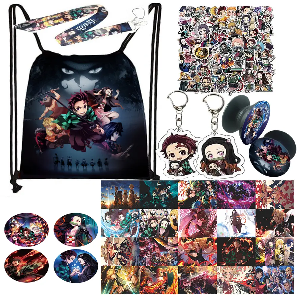 Demon Slayer Drawstring Cartoon Shopping Bags Gifts Set - Anime-Inspired Pouch with Stickers, Keychain Accessory & More | Ideal for Fans, Collectors