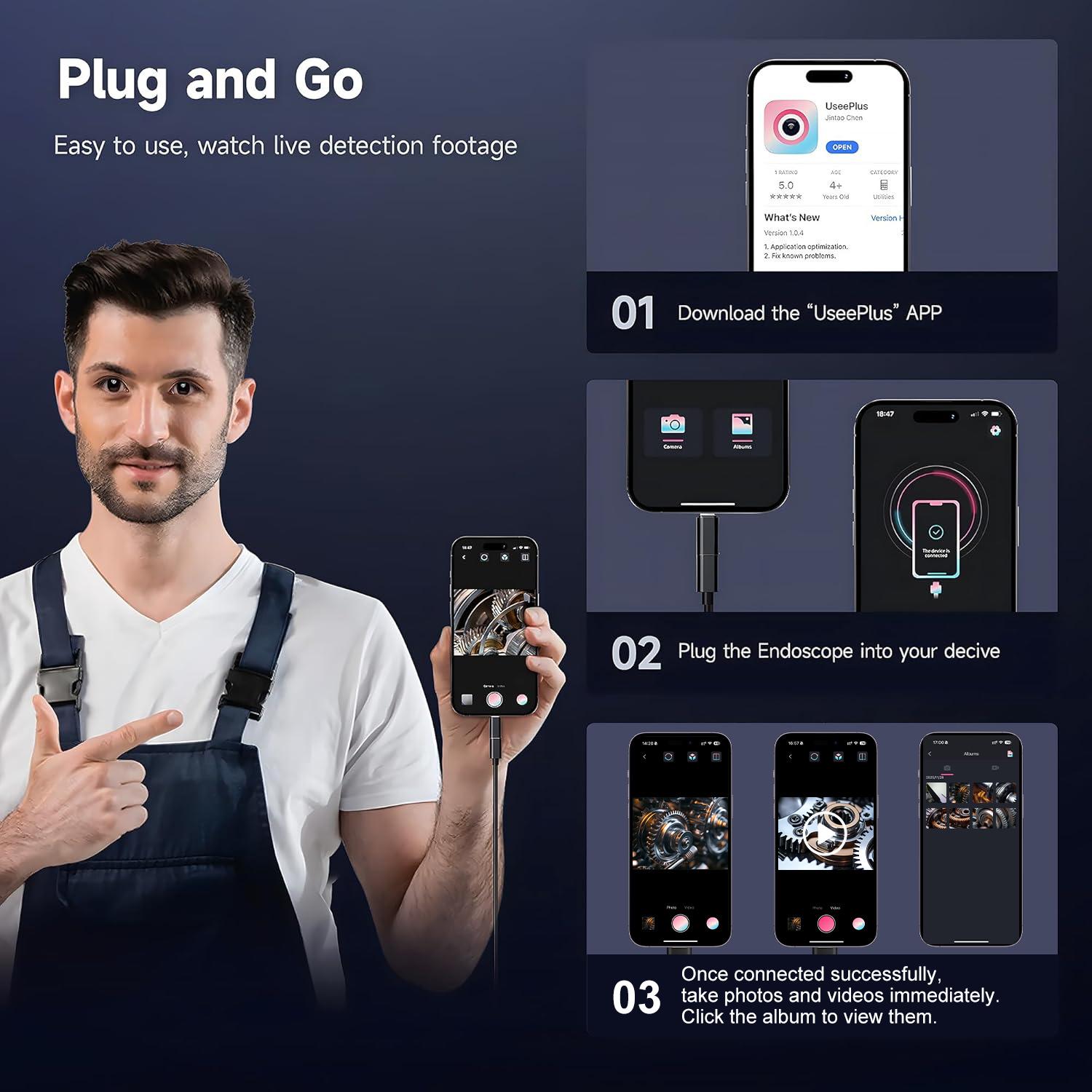 Endoscope Camera with Light, 1920P HD Borescope Tools with 8 Adjustable LED Lights, Endoscope with Semi-Rigid Snake Camera, Inspection Borescope for iOS and Android - 16.4ft Single Lens