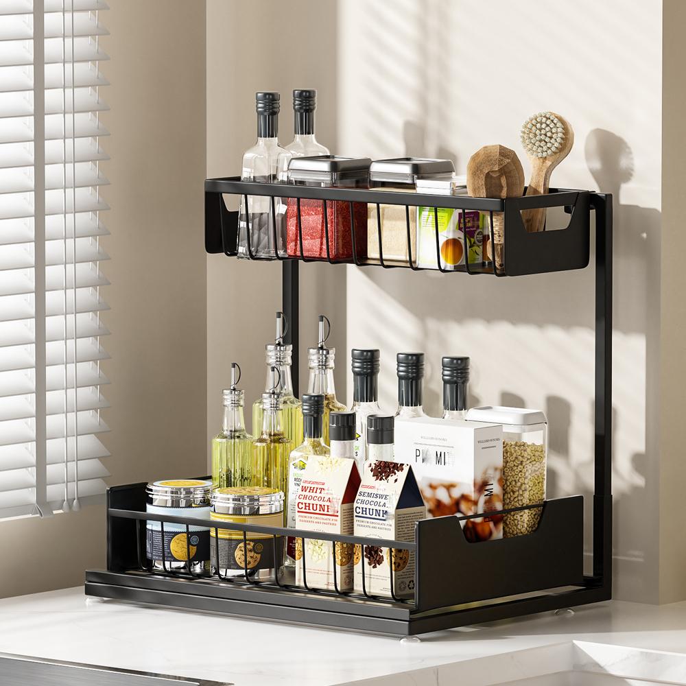 Black 2-Layer Rectangle Sliding Pull-Out Under Sink Shelf - Bathroom Organizers, Hanging Adjustable Vanity Storage Holder with Frost Finish, HIPS Materials, Dish Drying Rack, Easy Installation, 1-Pack for Bathroom, Garage Use