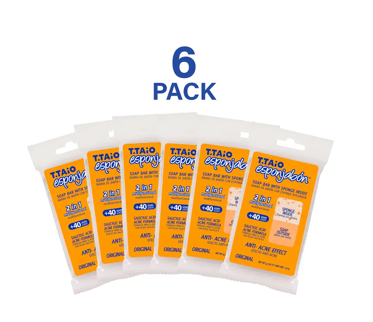T.Taio Esponjabon 2-in-1 Soap Sponge, Exfoliating Scrubber for Pore-Cleansing, Foaming Bath Sponge for Body Care, 6-Pack, Daily, Oil Control, Face & Body, Radiant, Beauty Products, Six Sponges