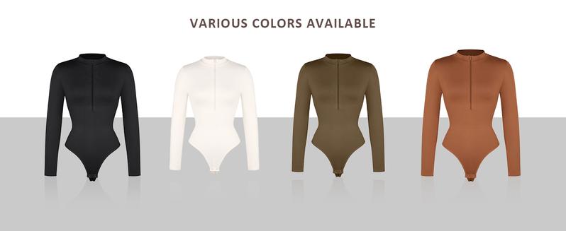 FeelinGirl Long Sleeve Bodysuit for Women Mock Turtle Neck Body Suits Zip Up Design Black Tummy Control Bodysuit Shirts fall   Womenswear Collar Fabric Nylon