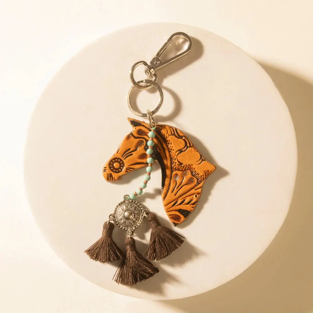 Myra Live Summer Cove Handtooled Leather Horse Key Fob - Caramel Tan Animal Head Pendant Keychain, Fashion Accessory Keychain, Animal Head Pendant Keychains, Keychains