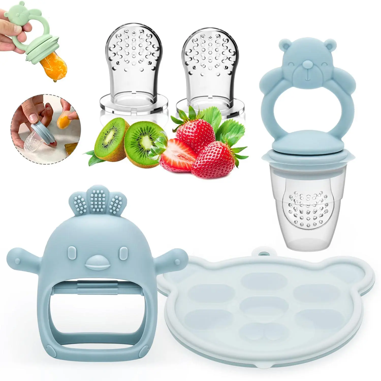 Baby Teether Set, 5 Counts/set Including Silicone Teether, Fruit Feeder & Feeding Food Storage Box, Newborn Baby Fruit Feeder, Baby Teething Relief Tool, Baby Essentials, Convenience, Playful Cute Baby Items, Animal Shapes Bear Chick