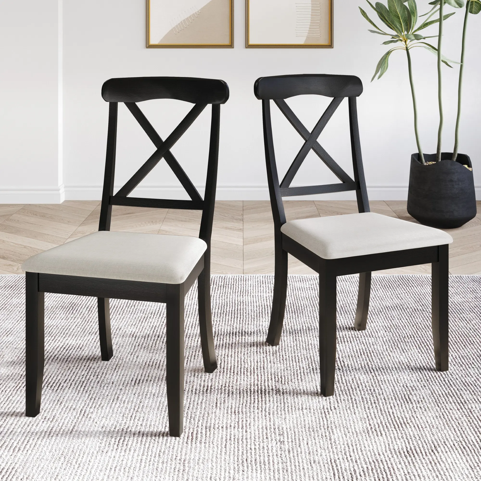 Ocossio 6-Person Rustic Farmhouse Dining Set with High Back, Armless, Polyester X-Back Dining Chairs for Rustic Farmhouse Decor