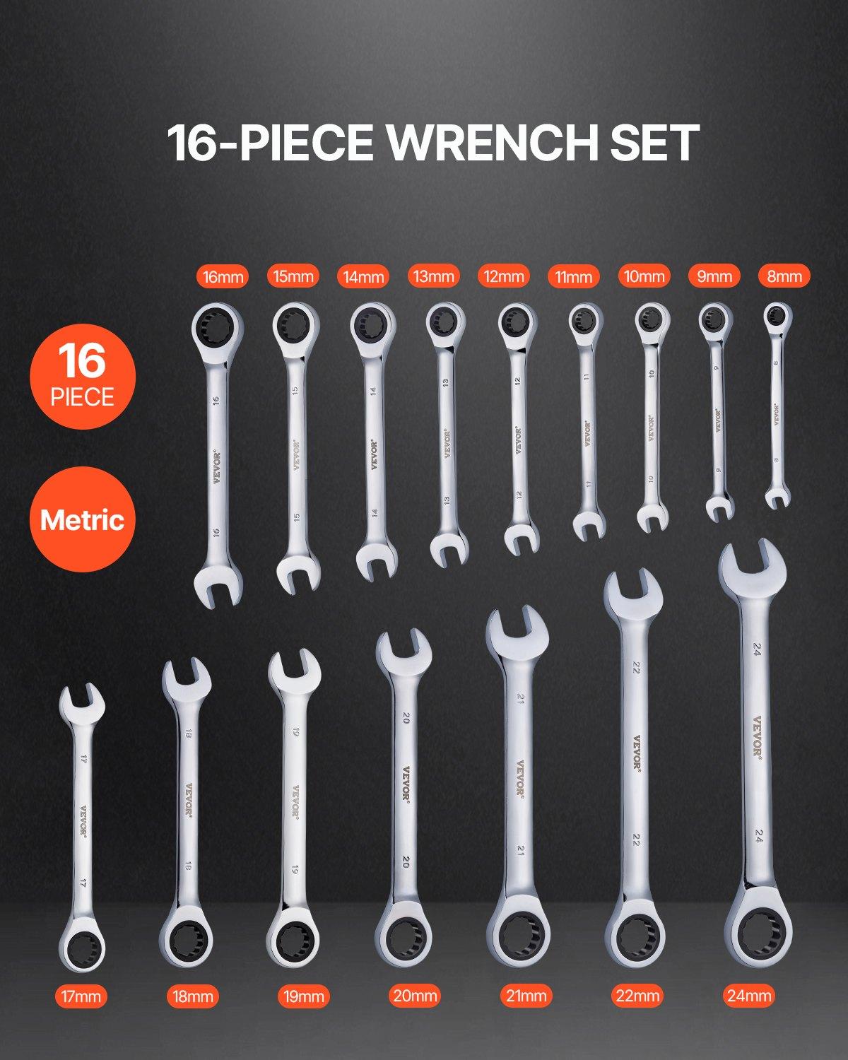 VEVOR Combination Wrench Set 30 PCS SAE 1/4" to 1", Metric 8mm to 24mm Organizer Rack